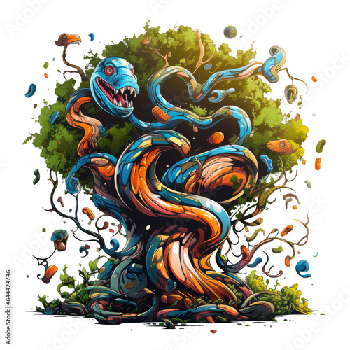 A whimsical Anaconda Tree t-shirt design, showcasing a tree that curls and twists playfully across the shirt, Generative Ai 