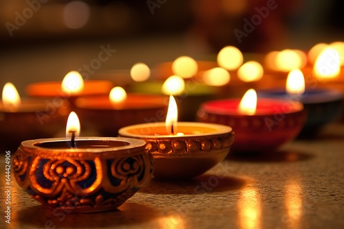 Happy Diwali Hindu festival colorful traditional oil Diya lamps lit during Deepavali Hindu festival of lights celebration