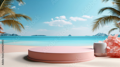 Product Display On A Blue Podium In A Summer Beach Themed 3d Render Background © KhWutthiphong