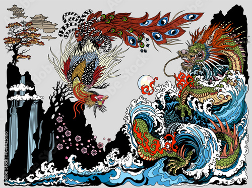 Dragon and Feng Huang or Chinese phoenix are depicted playing with or chasing a pearl. Landscape with waterfall waves and sakura blossom. Feng shui theme. Vertical orientation. Vector illustration
