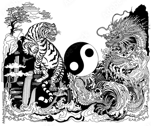 Chinese Dragon and White Tiger Encounter at the Waterfall. Celestial feng shui animals. Mythological creatures facing each other surrounded by water waves. Yin Yang symbol. Black and white graphic sty