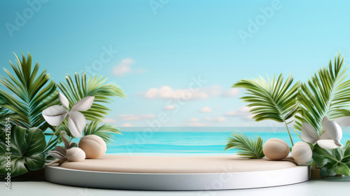 Product Display On A Blue Podium In A Summer Beach Themed 3d Render Background