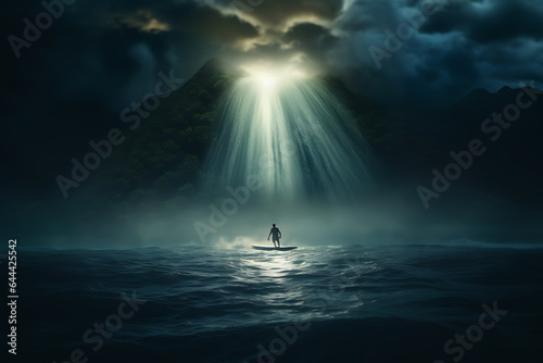 Surfer in the ocean at night