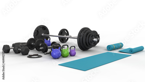 Selection of gym equipment on transparent background