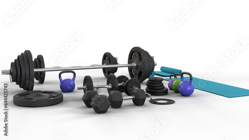 Selection of gym equipment on transparent background