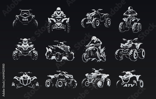 ATV icon set. Monochrome four-wheel hand-drawn label collection evokes adventure and speed, ideal for vintage and retro-inspired logo design, t-shirt print. Vector illustration