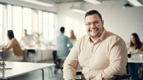 A happy plus-size man in a wheelchair at the office with colleagues. Generative AI