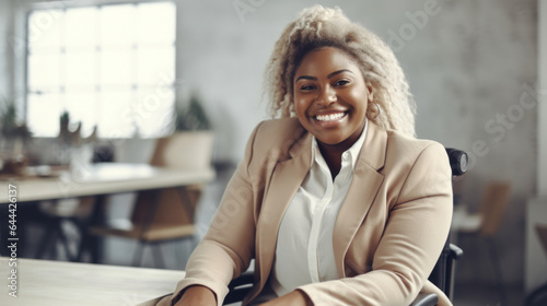 A happy afro plus-size woman in a wheelchair at the office with colleagues. Generative AI