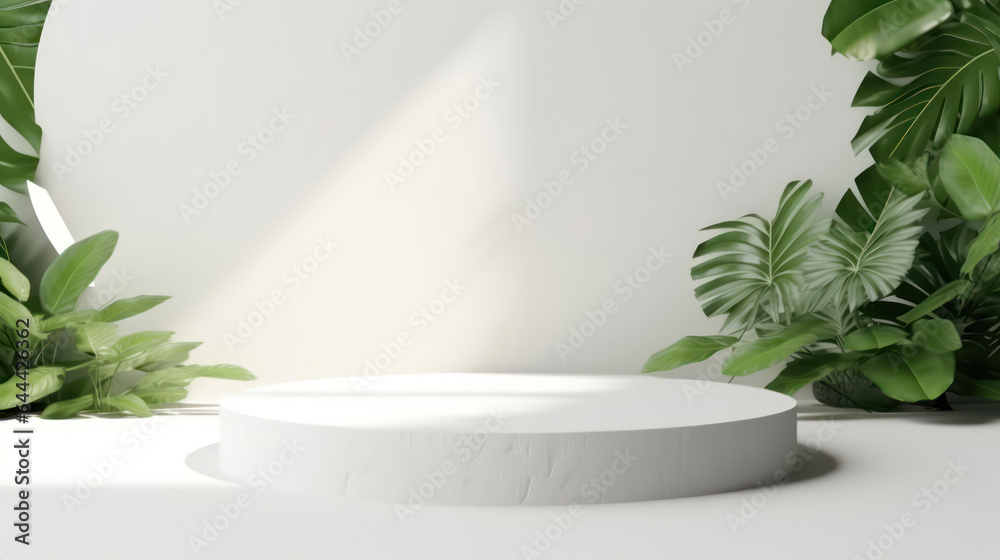 Realistic 3D render empty white marble stone tray with green leafs plants under sunlight for natural beauty, cosmetic, skincare products display templates, leaves shadow on blank wall in background. Realistic 3D render empty white marble stone tray with green leafs plants under sunlight for natural beauty, cosmetic, skincare products display templates, leaves shadow on blank wall in background.