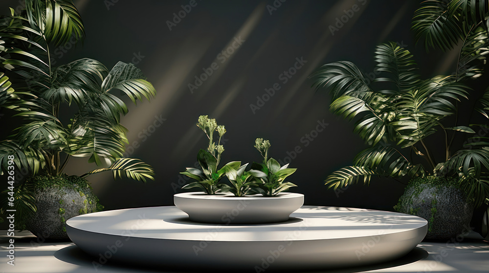 Realistic 3D render empty white marble stone tray with green leafs plants under sunlight for natural beauty, cosmetic, skincare products display templates, leaves shadow on blank wall in background.