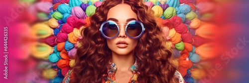 crazy psychedelic woman with curly hair and glasses