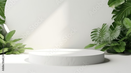 Realistic 3D render empty white marble stone tray with green leafs plants under sunlight for natural beauty, cosmetic, skincare products display templates, leaves shadow on blank wall in background.