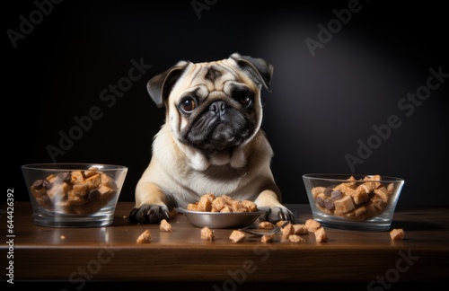 Cute dog with food on his plates, domestic pet feeding concept © lublubachka