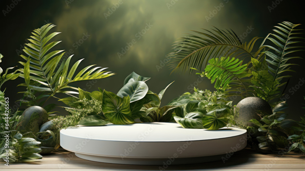 Realistic 3D render empty white marble stone tray with green leafs plants under sunlight for natural beauty, cosmetic, skincare products display templates, leaves shadow on blank wall in background.