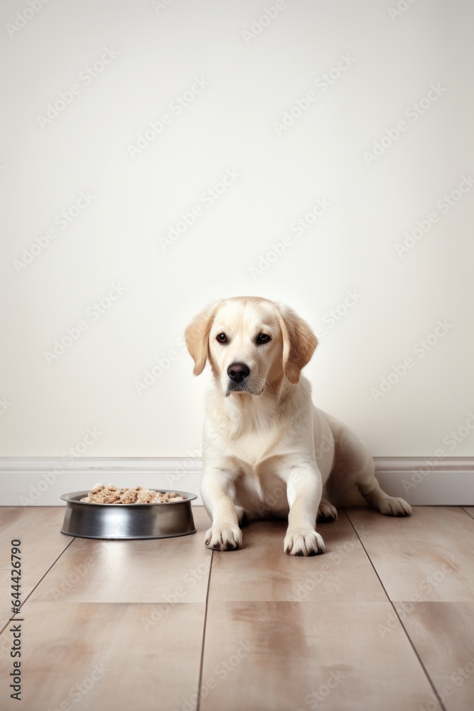 Cute dog eats the food from his plate on the floor, home pet feeding concept