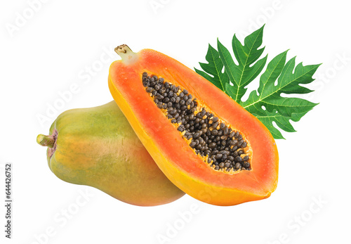 Whole and half of ripe papaya fruit isolated on white background