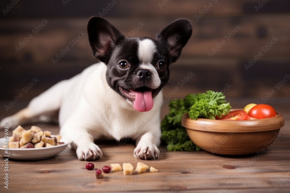 Dog with healthy food, domestic pet healthy feeding concept