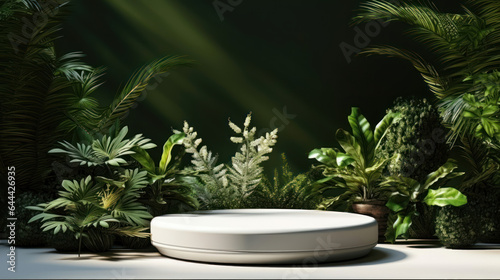 Realistic 3D render empty white marble stone tray with green leafs plants under sunlight for natural beauty, cosmetic, skincare products display templates, leaves shadow on blank wall in background. © KhWutthiphong