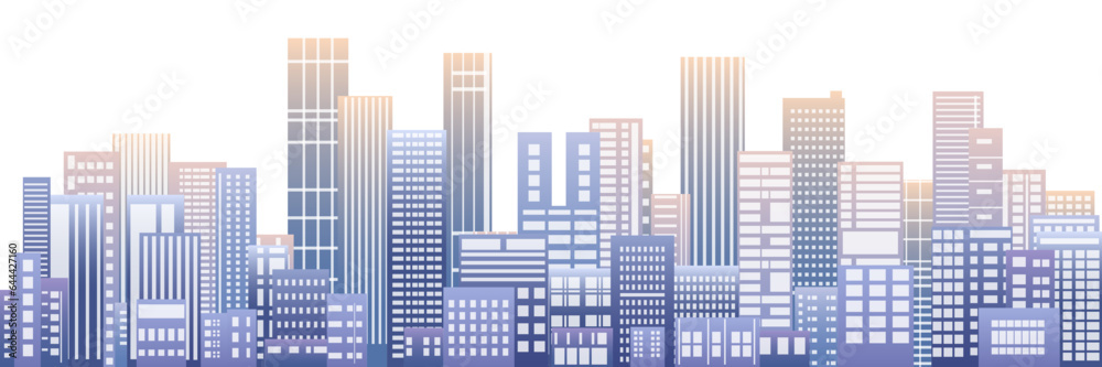 Panorama in frat style, header images for web. City buildings of business district. Vector illustration simple geometric Urban silhouette landscape. Abstract horizontal banner, background cityscape.