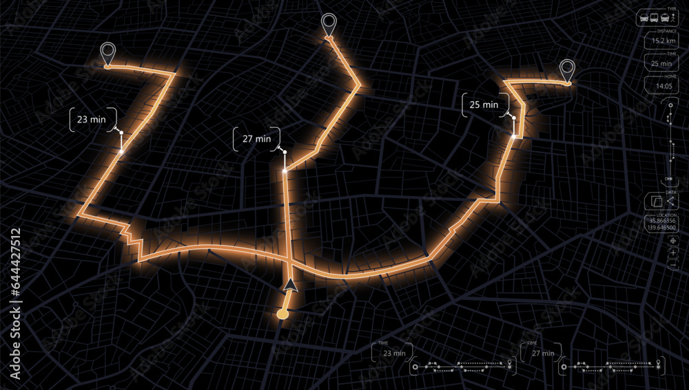 Map city with gps pins. Street, road,. Alternative way with location system. Urban map with pointers. Vector, Black background Urban map with information pointers, signs, arrows. Vector illustration.