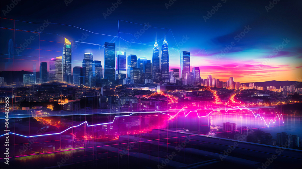 Dynamic hologram displaying real-time market fluctuations over a cityscape,