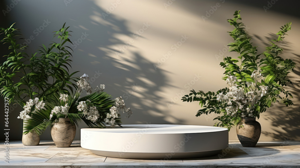 Realistic 3D render empty white marble stone tray with green leafs plants under sunlight for natural beauty, cosmetic, skincare products display templates, leaves shadow on blank wall in background. Realistic 3D render empty white marble stone tray with green leafs plants under sunlight for natural beauty, cosmetic, skincare products display templates, leaves shadow on blank wall in background.