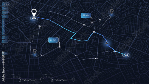 Perspective GPS navigator screen. Geometric element, online navigation. Location tracks dashboard. Path turns and destination tag or mark. Huge city top view. vector, illustration. Abstract background