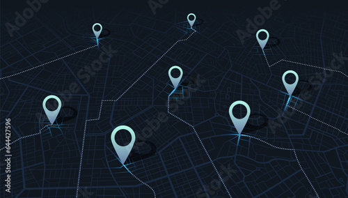Multiple destinations, points Vector, iIsometric modern abstract map, perspective GPS navigator screen with street road, location. City top view. Colorful pines, geometric element, Online navigation.