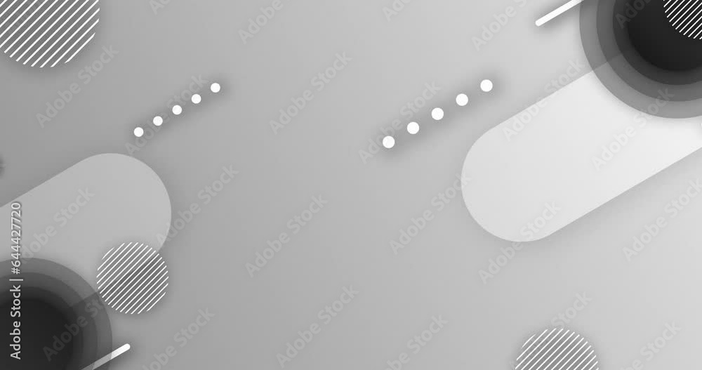 Memphis design abstract geometrical shape elements shape background. diagonally moving lines, dots, stripes and circles along with growing and oscillating circles over grey backdrop. seamless looped. 