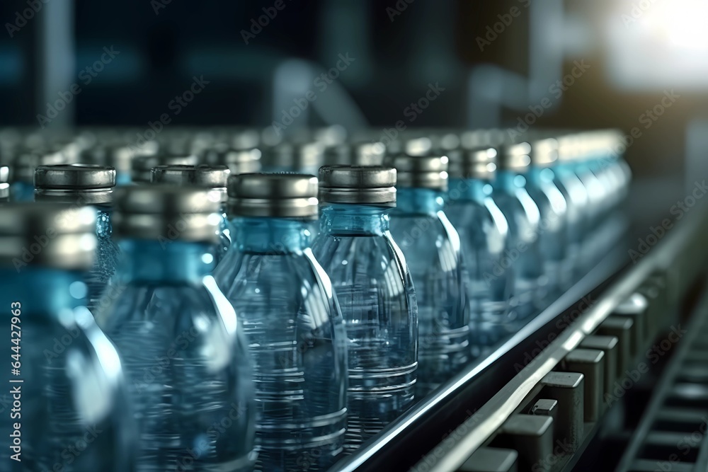 bottles on the conveyor belt lines up several bottles of water during manufacture, Generative AI bottles on the conveyor belt lines up several bottles of water during manufacture, Generative AI