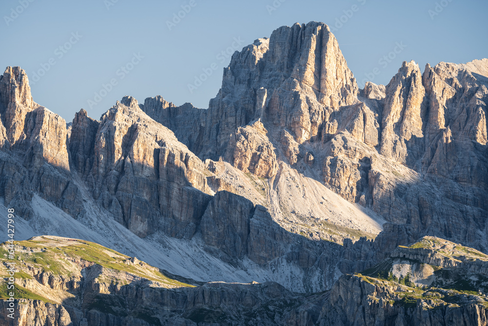 Piza de Medo Punta di mezzo peak in the summer cloudless morning with warm light and cloudless sky