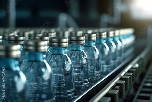 bottles on the conveyor belt lines up several bottles of water during manufacture, Generative AI