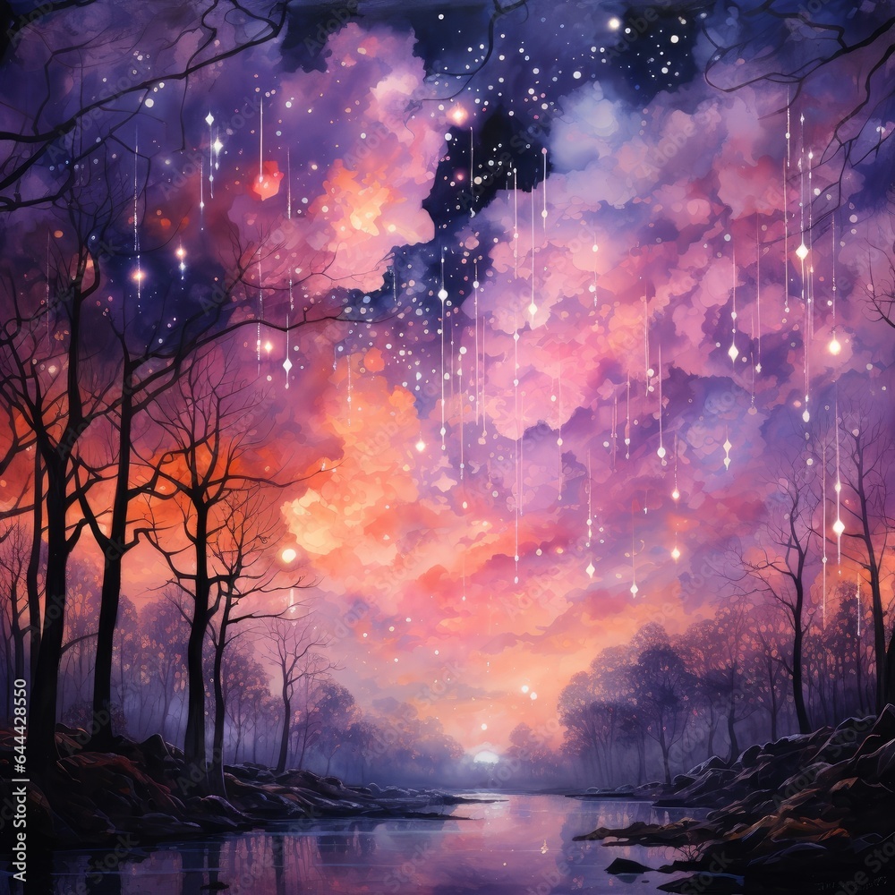 Watercolor Painting of Heavenly Lights in Purple and Peach Tones