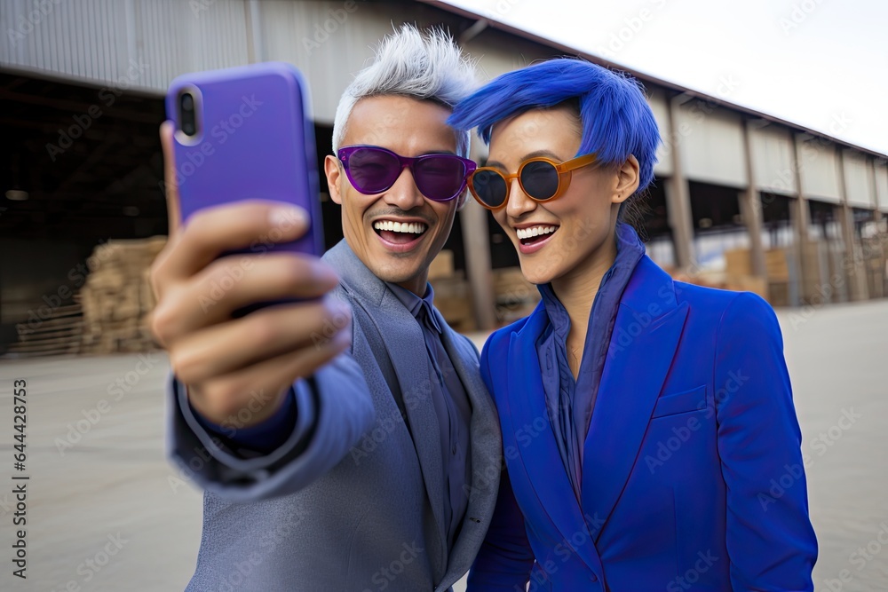 very fashionable business couple taking a selfie and having a good time. very fashionable business couple taking a selfie and having a good time.