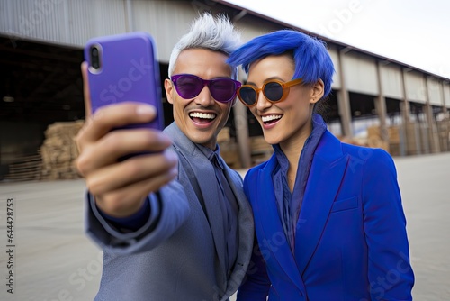 very fashionable business couple taking a selfie and having a good time.