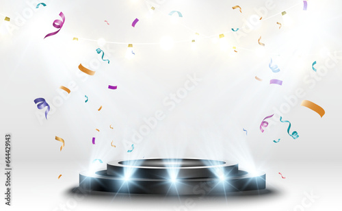 Pedestal for awarding or performance. Falling confetti on the podium.
