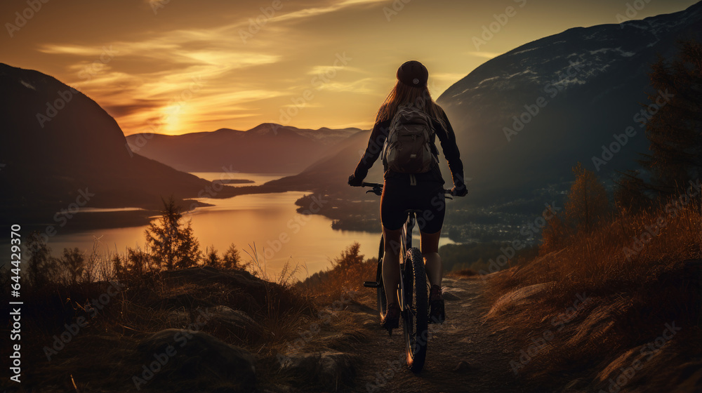 Generative ai illustration of Young woman riding a mountainbike Generative ai illustration of Young woman riding a mountainbike