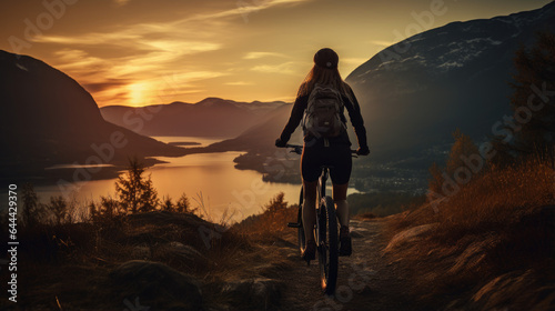 Generative ai illustration of Young woman riding a mountainbike