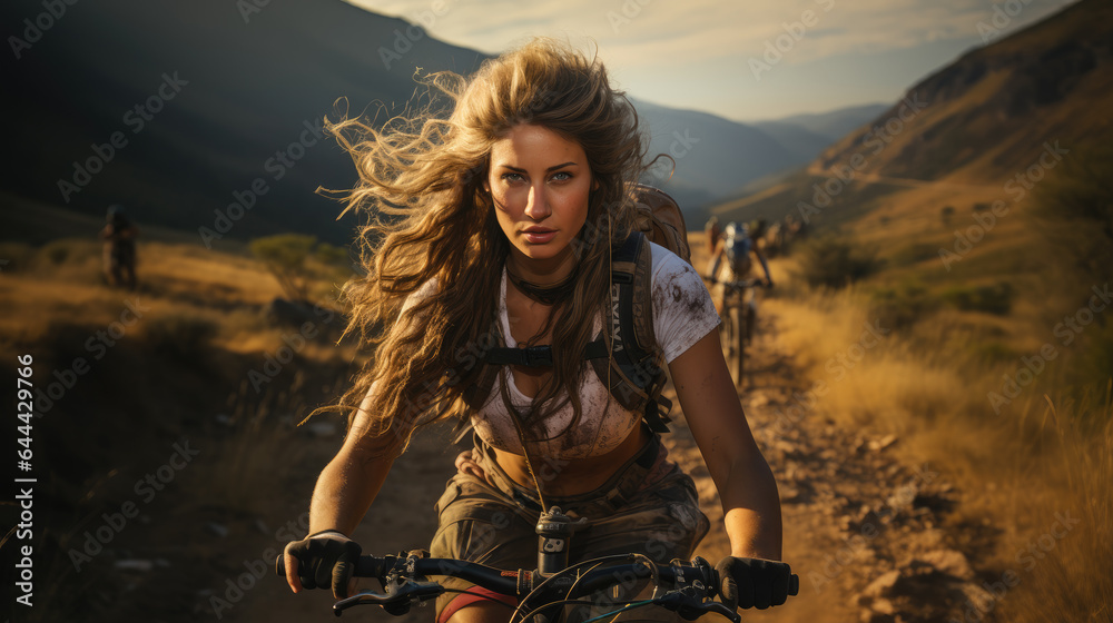 Generative ai illustration of Young woman riding a mountainbike