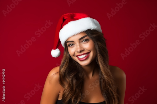 Portrait of a beautiful festive woman model wearing a father christmas red santa hat