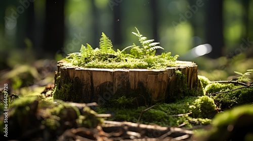 Tree stump wooden cut with green moss in the forest. Nature background. High quality photo