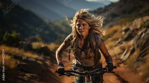 Generative ai illustration of Young woman riding a mountainbike photo