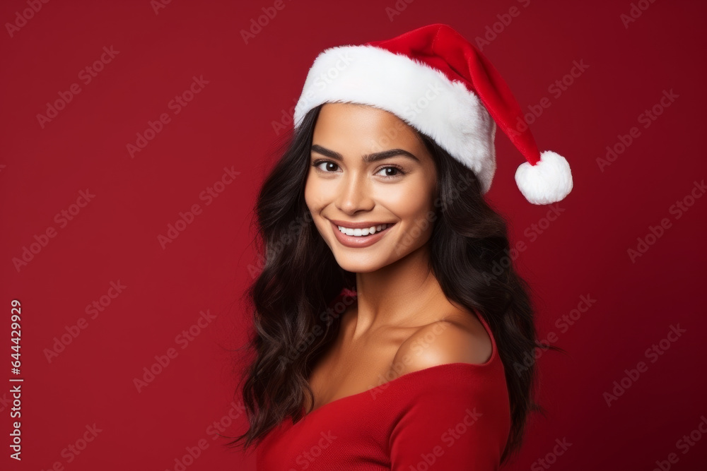 Portrait of a beautiful festive woman model wearing a father christmas red santa hat Portrait of a beautiful festive woman model wearing a father christmas red santa hat