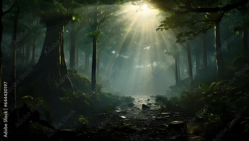 Fantasy forest with fog and sunbeams