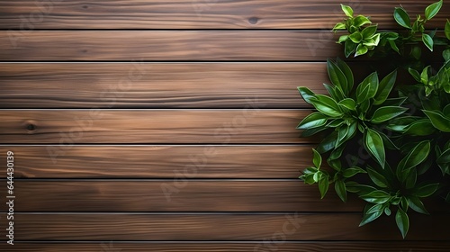 Wooden background with green plant. Top view with copy space. High quality photo