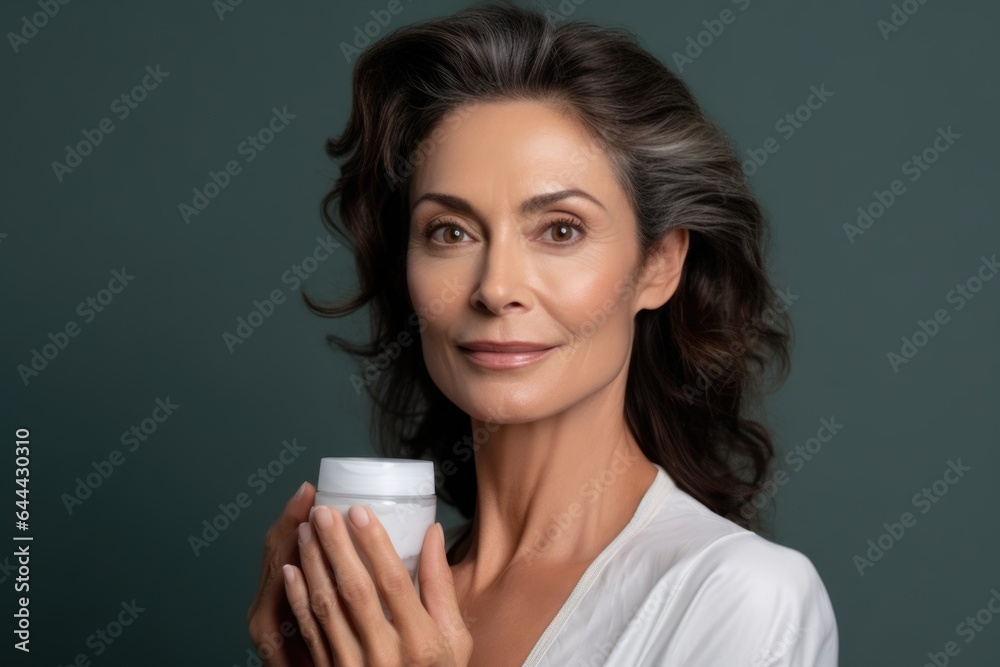 Portrait of a fifty year old brunette with a well-groomed rejuvenated face with a jar of cream in her hand. Rejuvenation concept. Portrait of a fifty year old brunette with a well-groomed rejuvenated face with a jar of cream in her hand. Rejuvenation concept.
