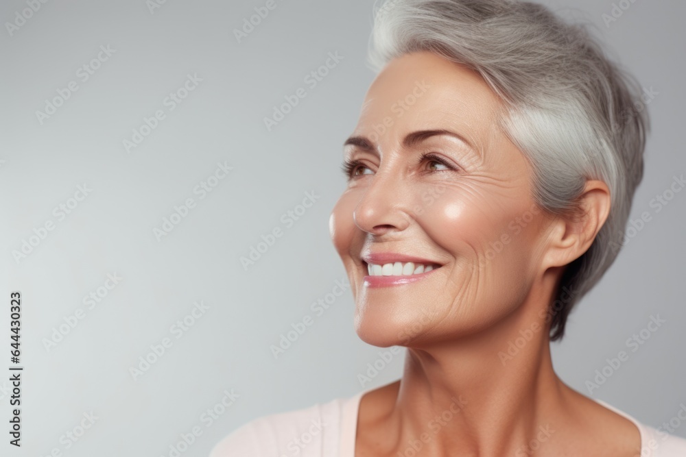 Portrait of fifty year old woman with well-groomed rejuvenated face on gray background. Concept of rejuvenation. - obrazy, fototapety, plakaty 