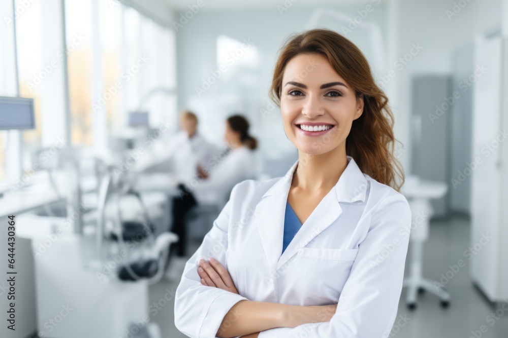 Female portrait of a smiling austrian dentist in the background of a dental office. Female portrait of a smiling austrian dentist in the background of a dental office.