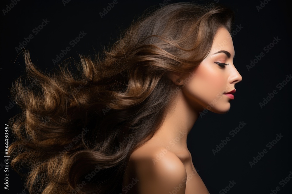 Portrait with a beautiful brown girl with gorgeous waving hair on a dark background. Portrait with a beautiful brown girl with gorgeous waving hair on a dark background.