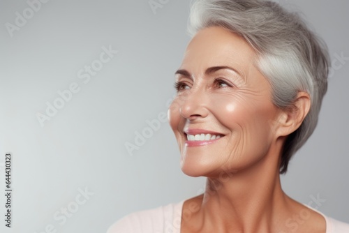 Portrait of fifty year old woman with well-groomed rejuvenated face on gray background. Concept of rejuvenation.